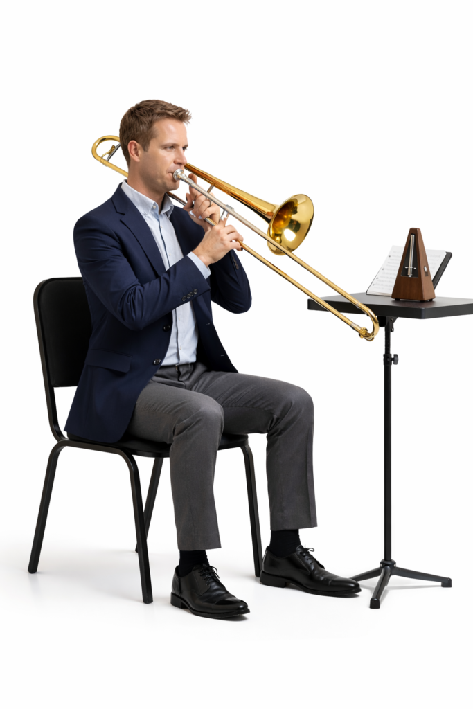 Professional instructor demonstrating correct seated trombone posture