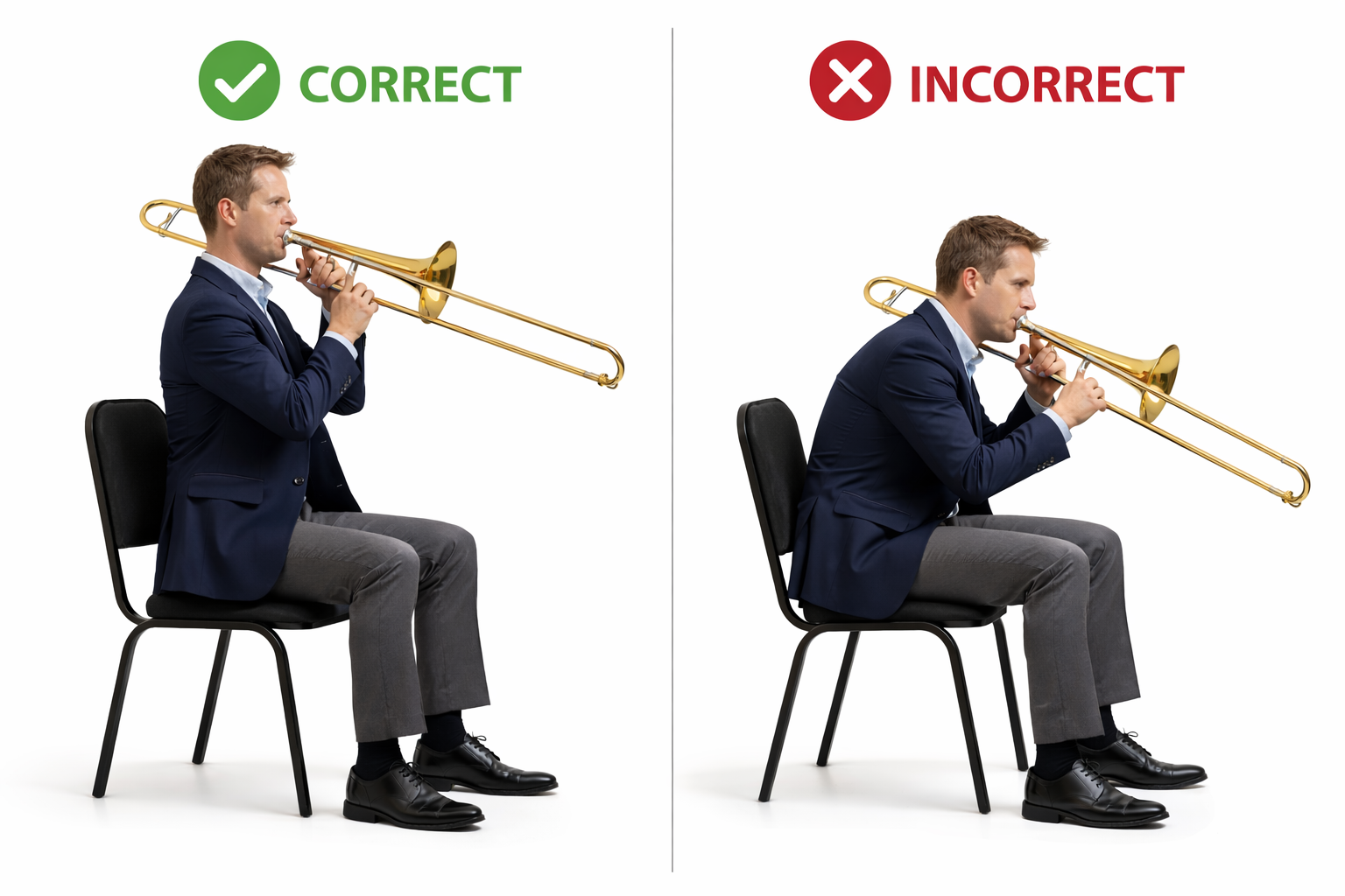 Correct vs incorrect trombone posture comparison demonstrated by instructor