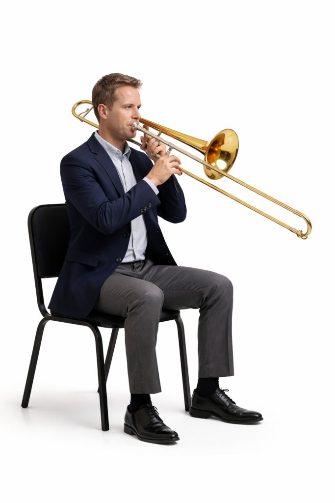 Professional instructor demonstrating correct seated trombone posture