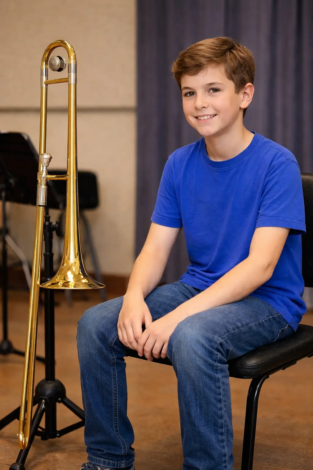 Trombone student with trombone on stand