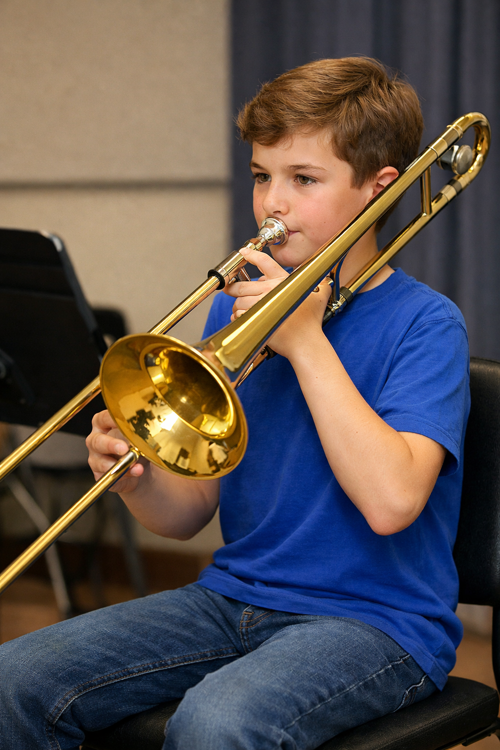 7th grade trombonist demonstrating good posture seated