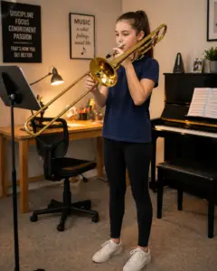 8th grade trombonist demonstrating good standing posture