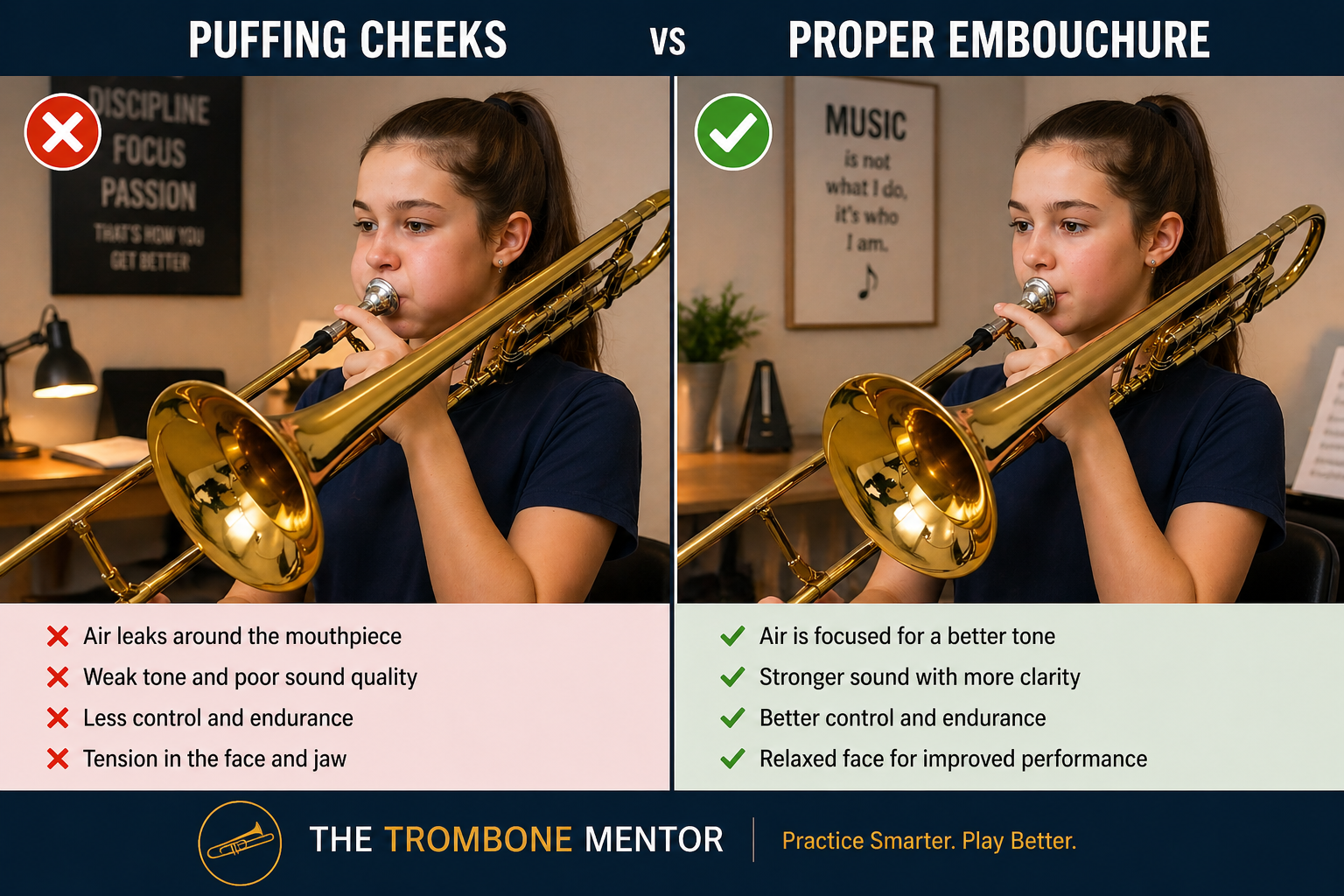 Student Showing Puffy Cheeks and Proper Embouchure