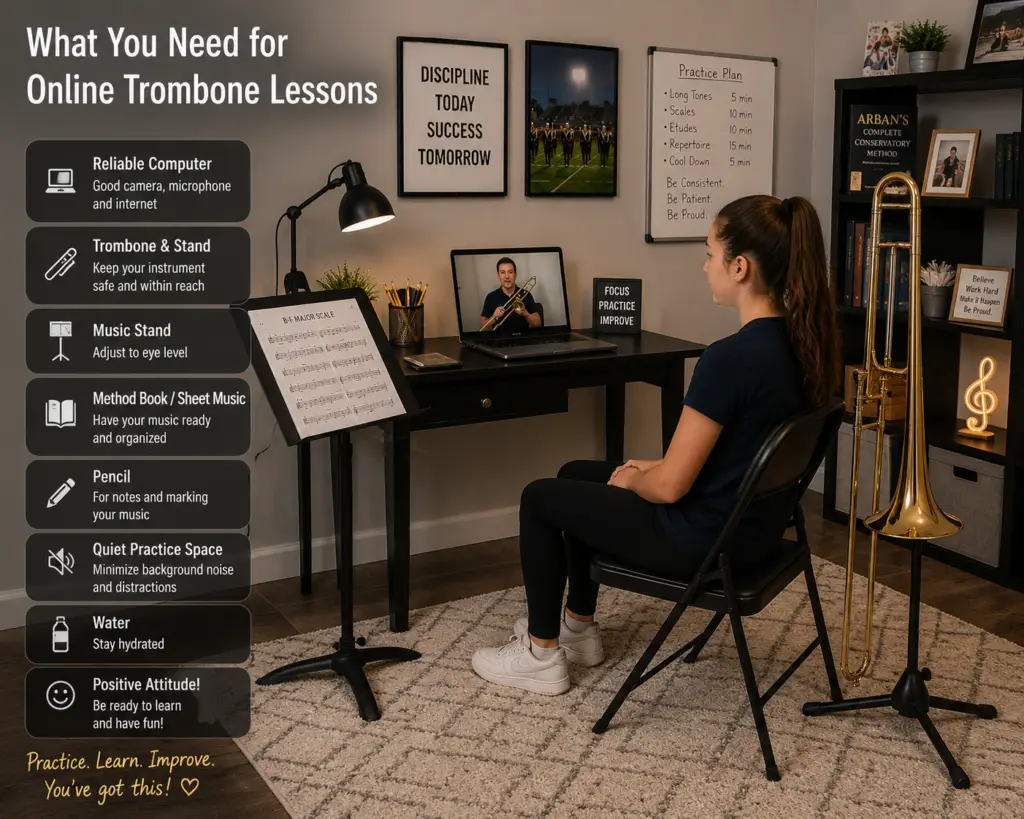 Student taking an online trombone lesson.